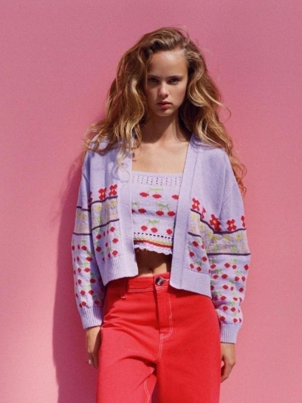 ZARA Cherry Knit Cropped Cardigan Lilac Floral